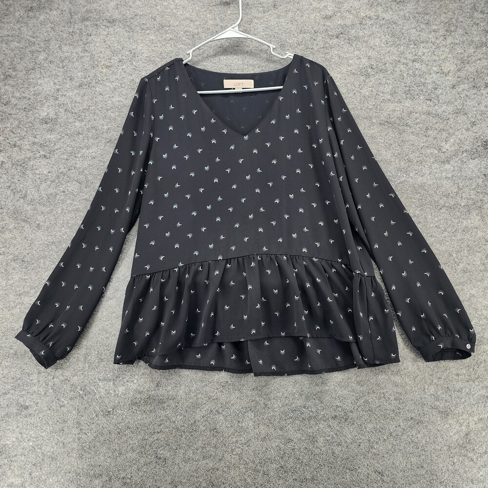 Ann Taylor LOFT Blouse Womens Medium Long Sleeve V Neck Black Flowy